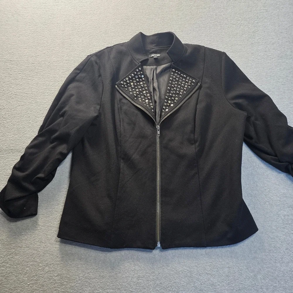 Apt‎ 9 Studded Moto Jacket Womens L Black Asymmetrical Zip Blazer Ruched Sleeve